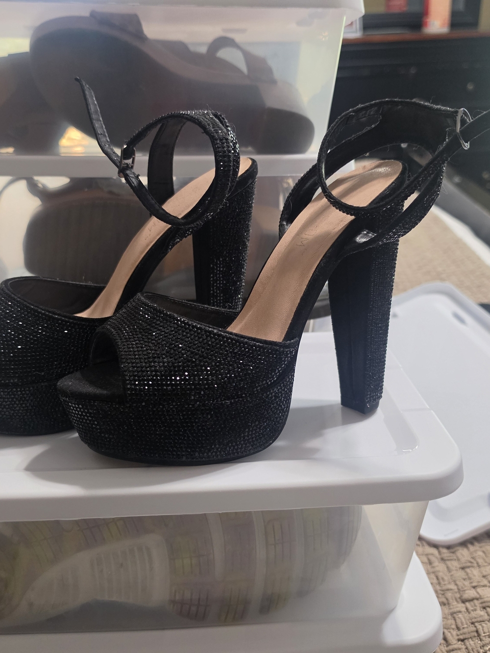 Women's Black Sparkle Platform Heel Sandals
